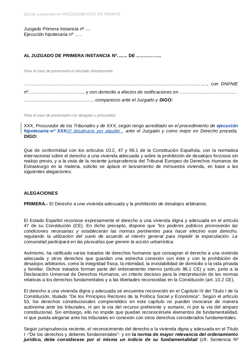 Modelo suspensión desahucios derecho internacional