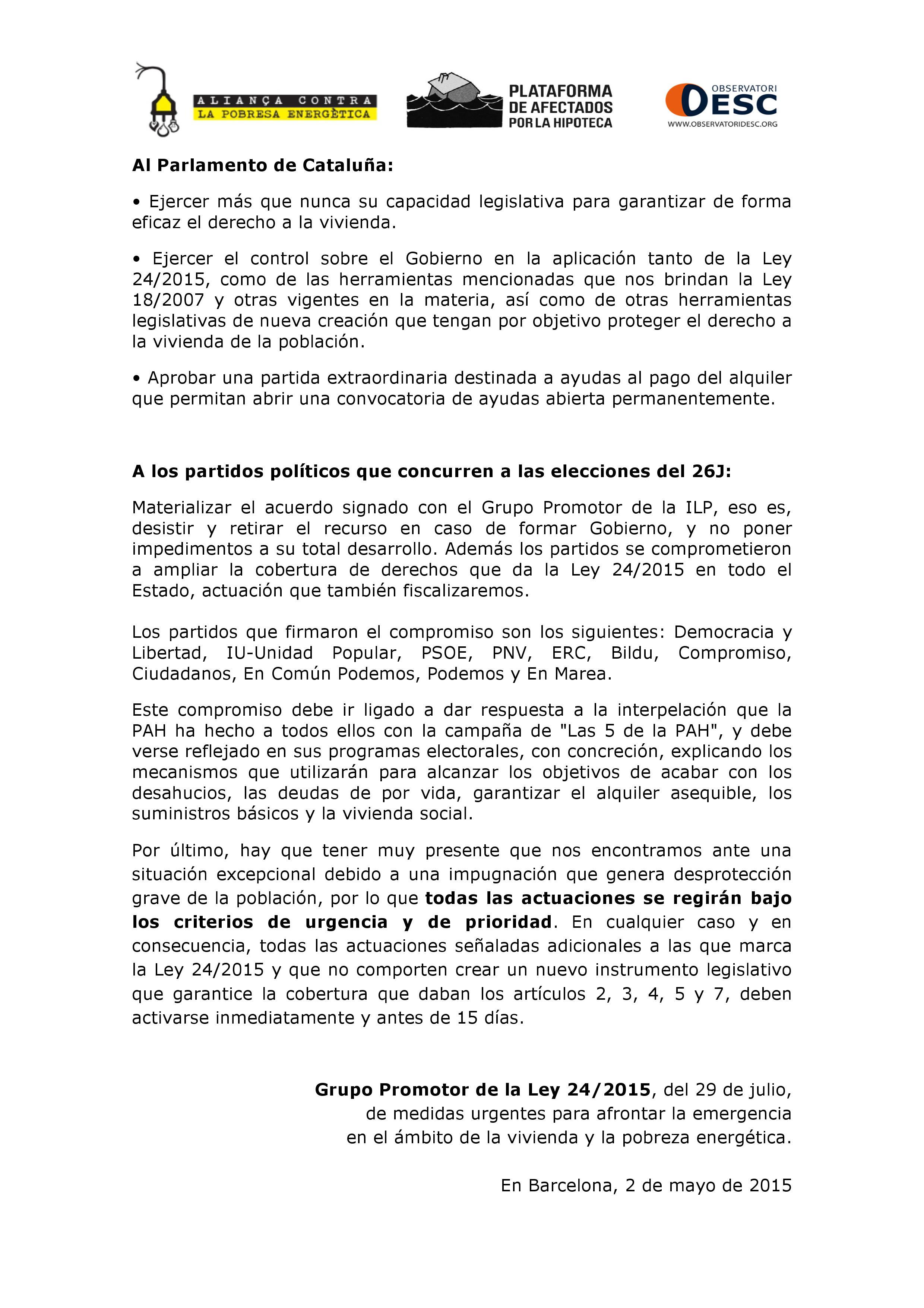 Lee más sobre el artículo El Grupo Promotor de la Ley 24/2015 plantea alternativas urgentes para garantizar el derecho a la vivienda y los suministros